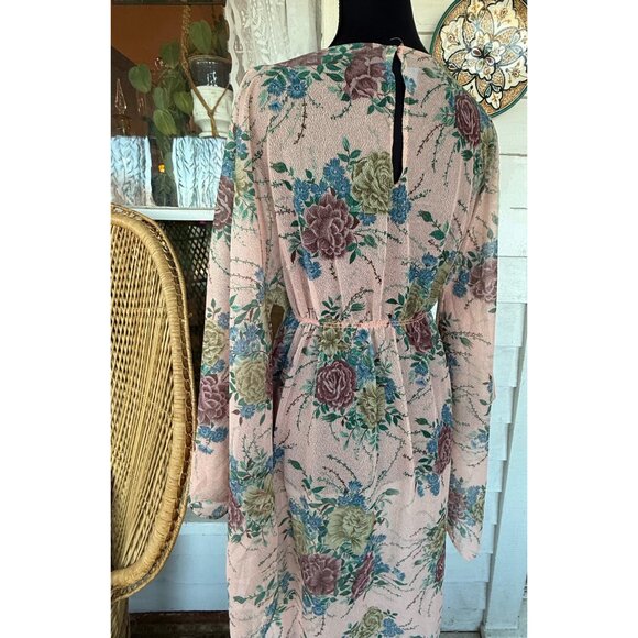 Vintage 60's Pink Floral Chiffon Style Maxi Dress Batwing Sleeves Sz L Boho - Picture 12 of 16